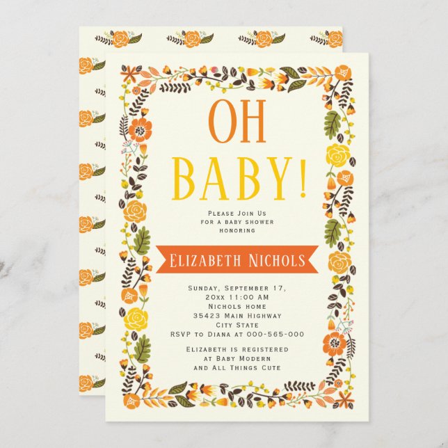 Oh Baby Dusche orange und gelbe Blumengrenze Einladung (Vorne/Hinten)
