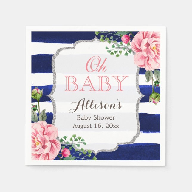 Oh Baby Dusche Rosa Flora Silver Navy Streifen Serviette (Vorderseite)