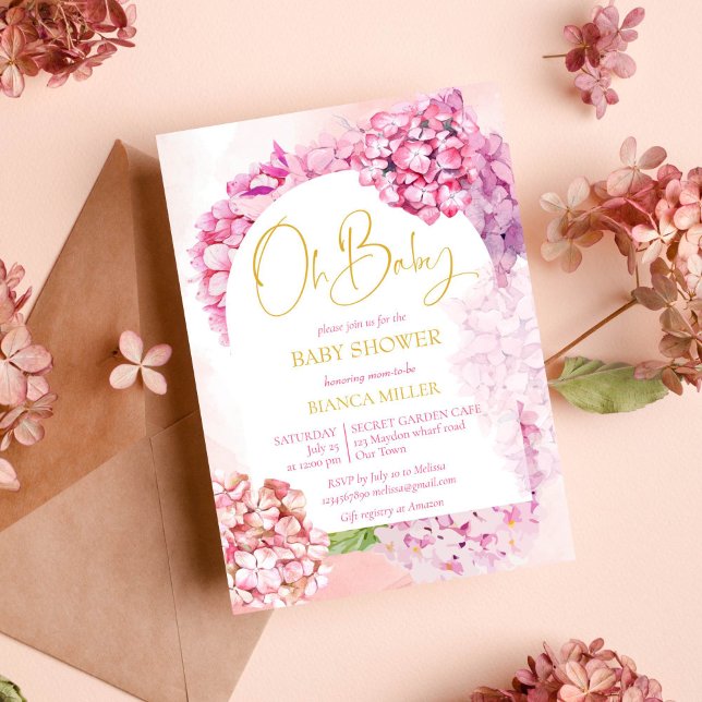 Oh Baby Dusche rosa Hydrangeas eleganten Blumenbog Einladung (Oh baby shower pink hydrangeas baby shower invitation it's a girl )