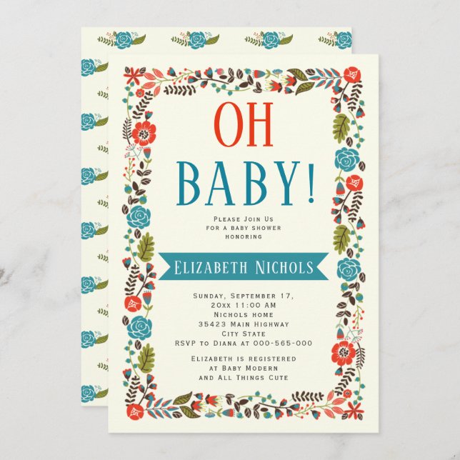 Oh Baby Dusche rot und aquamarin moderne Blumengre Einladung (Vorne/Hinten)