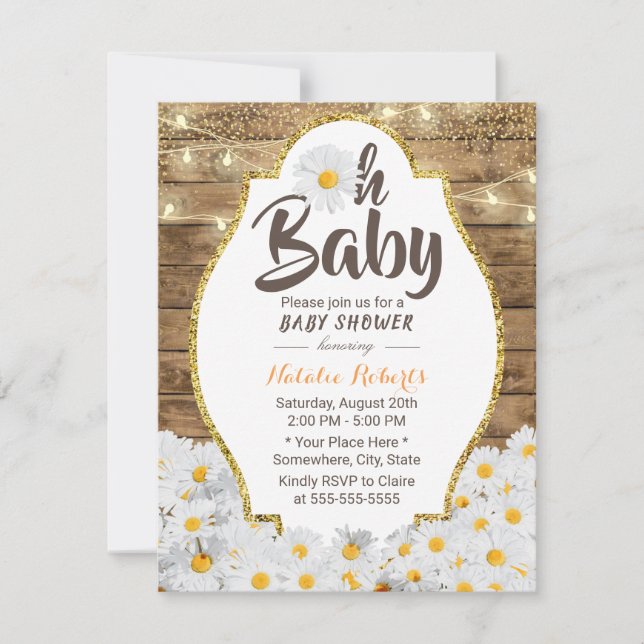 Oh Baby Dusche Rustikale Daisy Blume String Lights Einladung (Vorderseite)