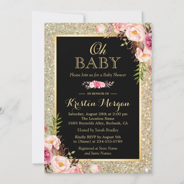 Oh Baby Dusche Shiny Gold Glitzer Glitzern Floral Einladung (Vorderseite)
