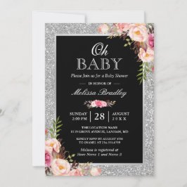 Oh Baby Dusche Silver Glitzer Glitzern Pink Floral Einladung