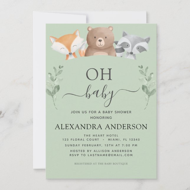 Oh Baby Dusche Woodland Niedliche Tiere Einladung (Vorderseite)