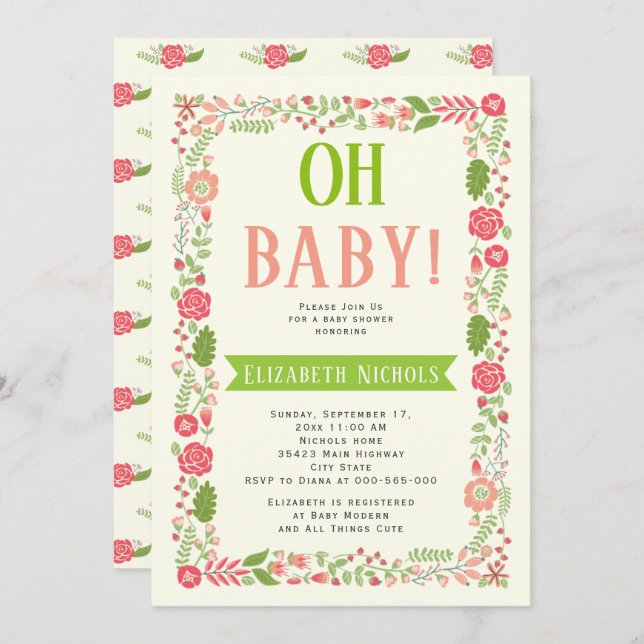 Oh Baby Duschkoralle pink schöne Blumengrenze Einladung (Vorne/Hinten)