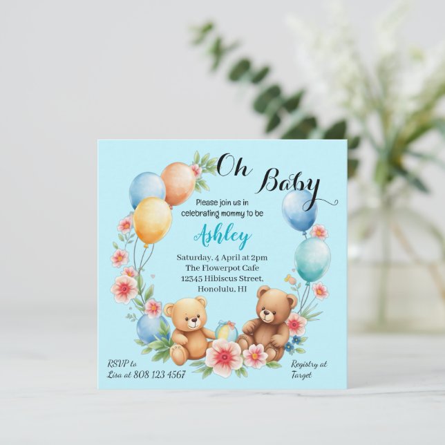 Oh Baby Duschteddies & Ballons Einladung (Stehend Vorderseite)
