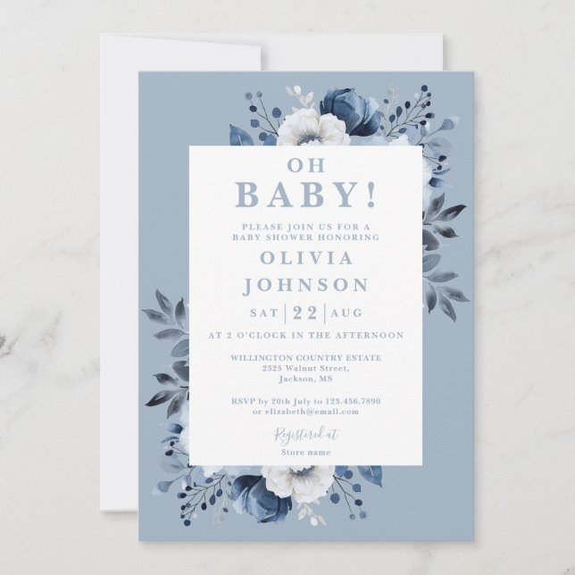 Oh Baby Dusty Blue Elegant Floral Baby Shower Einladung (Vorderseite)