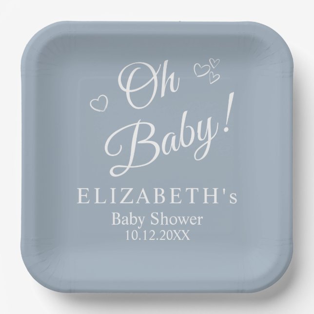 "Oh Baby" Dusty Blue Modern Minimalistisch Baby Sh Pappteller (Vorderseite)