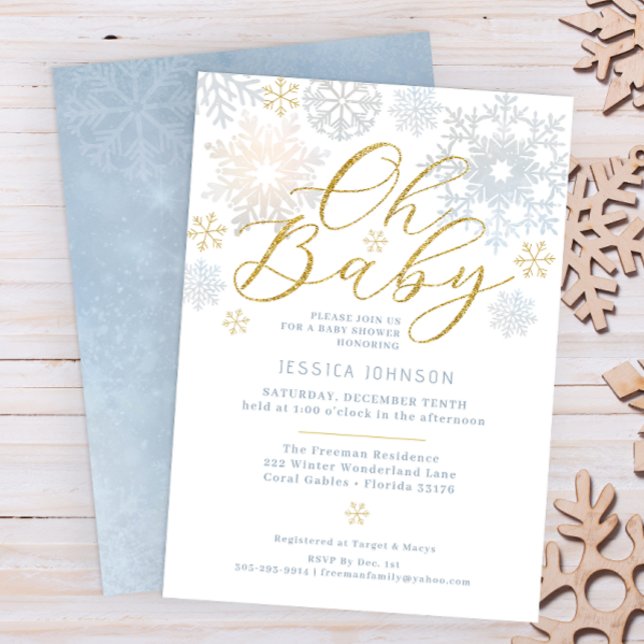 Oh Baby Dusty Blue Snowflake Dusche einladen Einladung (Oh Baby Winter Wonderland Baby Shower Invitation - Dusty Blue & Glitter Gold)