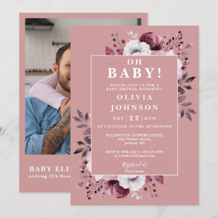 Oh Baby Dusty Rose Florales Foto QR Baby Shower-Ei Einladung