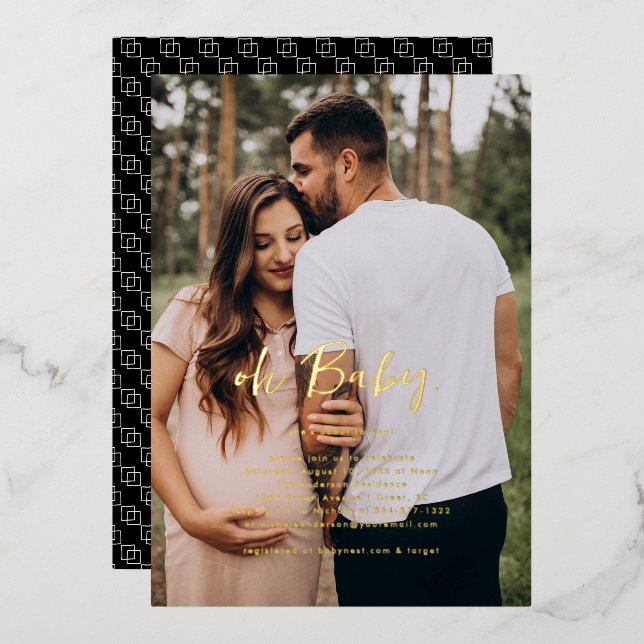 Oh Baby | Einfache Foto Babydusche Folieneinladung (Vorderseite/Rückseite)