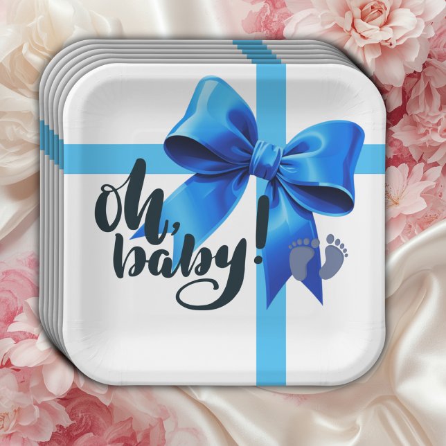 Oh, Baby! Elegant Blue Bow Baby Shower Pappteller (Von Creator hochgeladen)
