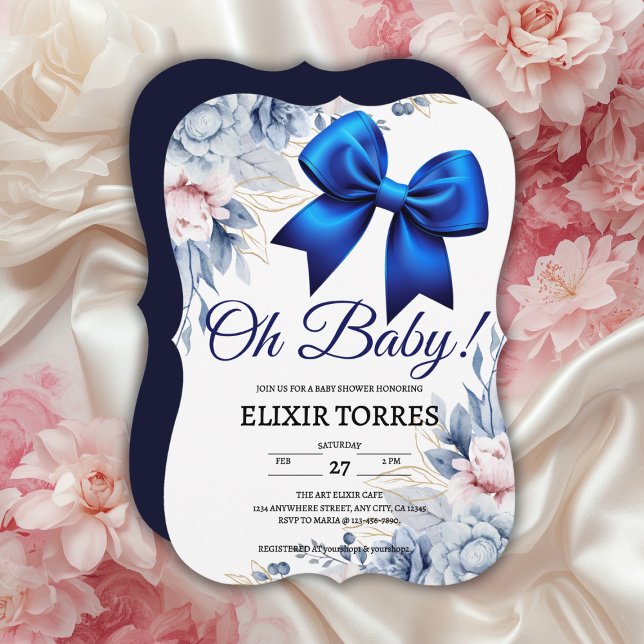 Oh, Baby! Elegant Blues Blue Bow Baby Shower Einladung (Von Creator hochgeladen)