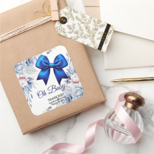 Oh, Baby! Elegant Blues Blue Bow Baby Shower Quadratischer Aufkleber