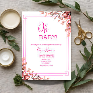 Oh Baby Elegant Greenery und Pink Baby Dusche Einladung