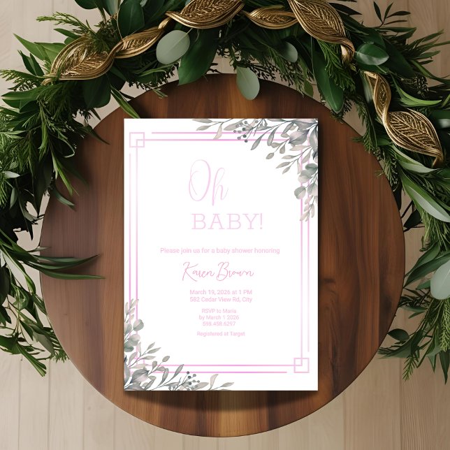 Oh Baby Elegant Greenery und Pink Baby Dusche Einladung (Von Creator hochgeladen)