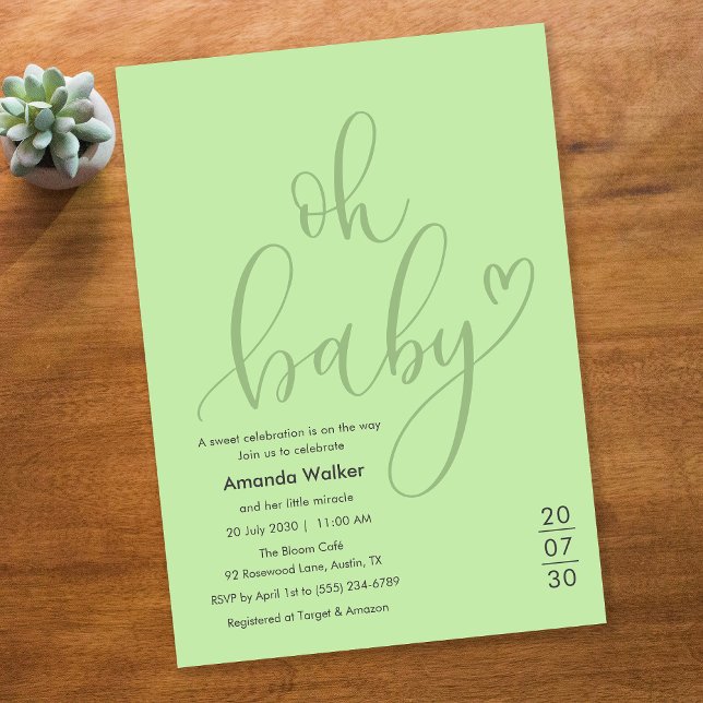 Oh Baby!  Elegant Sage Green Script Baby Shower Einladung (Oh Baby! Elegant Sage Green Script Baby Shower Invitation)