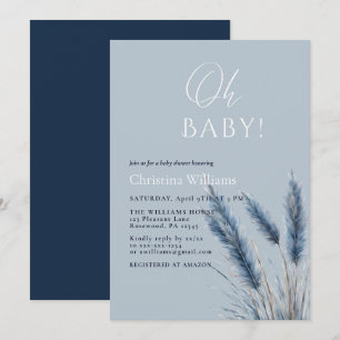 Oh Baby Elegant Script Blue Pampas Baby Shower Einladung