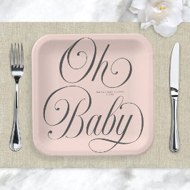 Oh Baby Elegant Script Blush Pink Girl Baby Shower Pappteller
