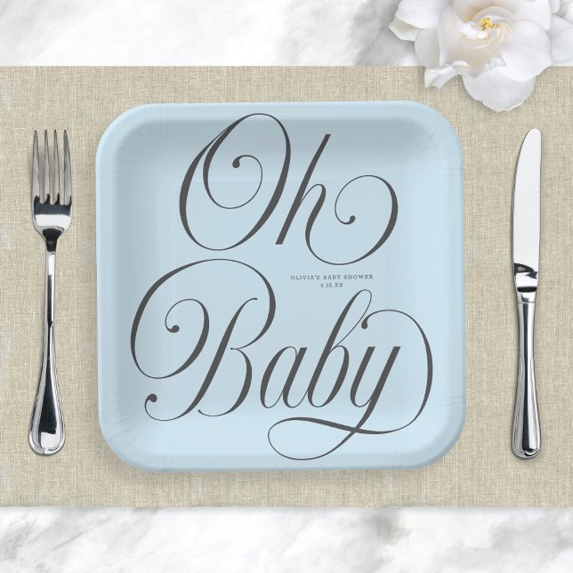Oh Baby Elegant Script Hellblauer Jungen-Baby-Part Pappteller (Von Creator hochgeladen)