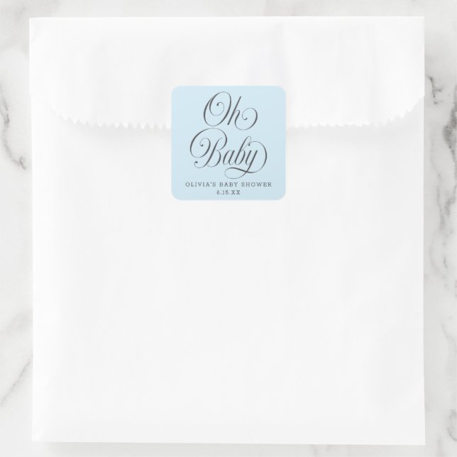 Oh Baby Elegant Script Lt. Blue Baby Shower Favor Quadratischer Aufkleber (Tasche)