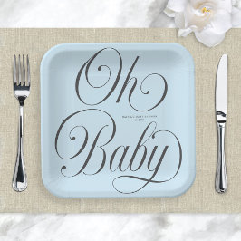 Oh Baby Elegant Script Lt. Blue Boy Baby Shower Pappteller