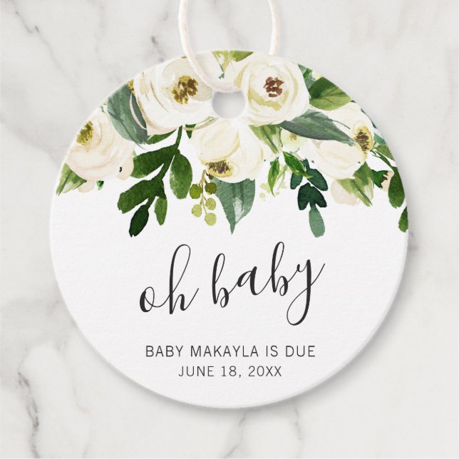 Oh Baby Elegant White Floral Girl Babydusche Geschenkanhänger (Vorderseite)