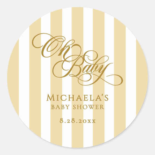 Oh Baby Elegante Script & Stripes Baby Dusche Runder Aufkleber (Vorderseite)