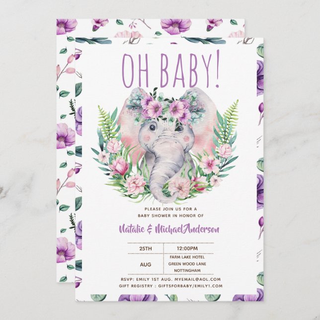 Oh Baby Elephant mit violetten Blumen Moderne Dusc Einladung (Vorne/Hinten)