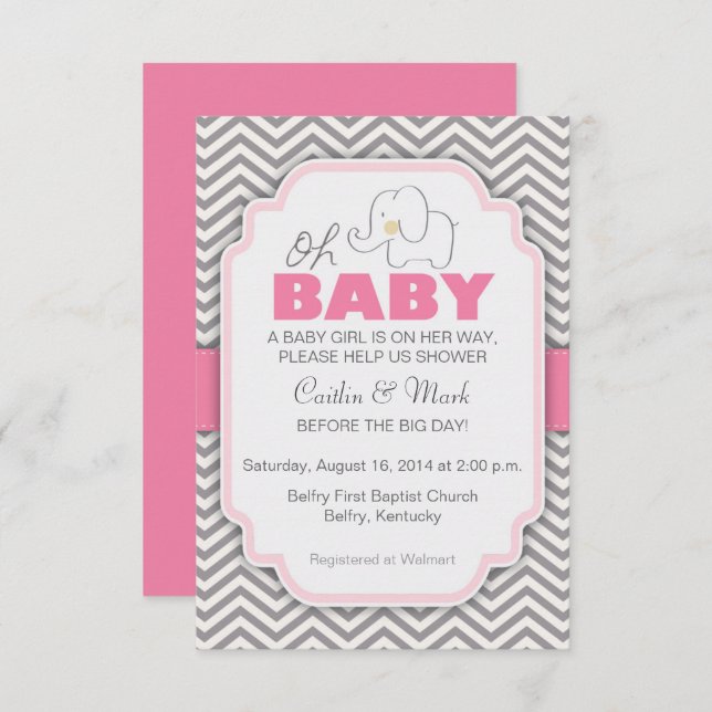 Oh Baby Elephant - Rosa & Gray Baby Dusche Einladu Einladung (Vorne/Hinten)