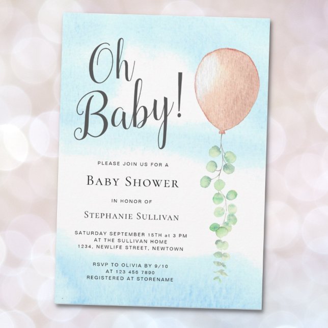 Oh Baby Eucalyptus Balloon Neutral Baby Shower Einladung (Von Creator hochgeladen)