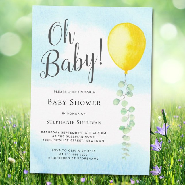 Oh Baby Eucalyptus Yellow Balloon Baby Dusche Einladung (Von Creator hochgeladen)