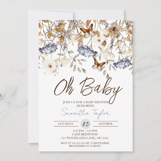Oh Baby, Fall Baby Dusche, Schmetterling, Foliage Einladung (Vorderseite)