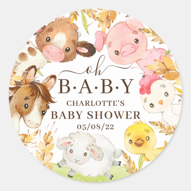 Oh Baby Farm Animals Baby Dusche Gefallen Runder Aufkleber (Vorderseite)