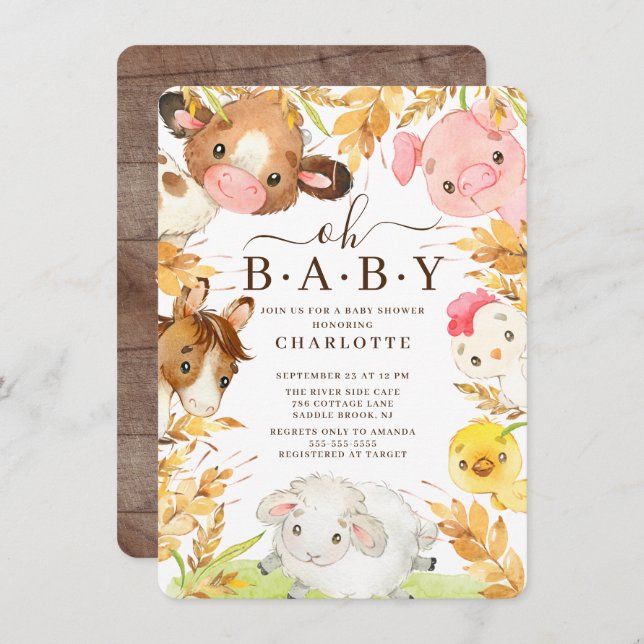 Oh Baby Farm Animals Dusche Einladung (Vorne/Hinten)
