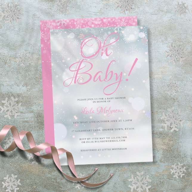 Oh Baby First Snowflakes Pink Baby Dusche Einladung (Oh Baby First Snowflakes Pink Baby Shower Invitation)