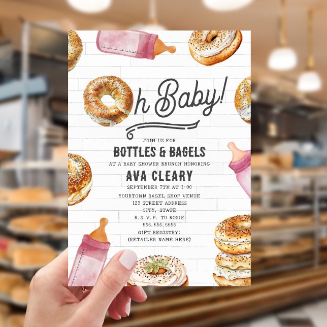 Oh Baby Flaschen & Bagels Pink Baby Dusche Brunch Einladung (Von Creator hochgeladen)