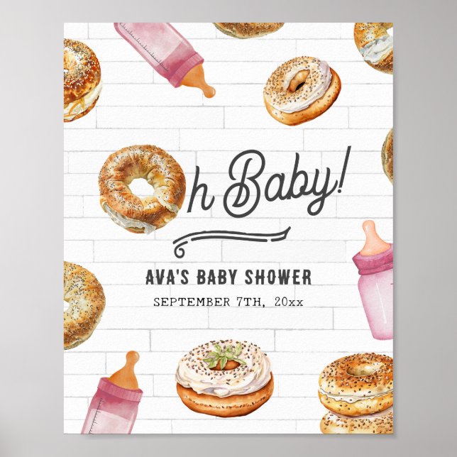 Oh Baby Flaschen & Bagels Pink Baby Dusche Willkom Poster (Vorne)