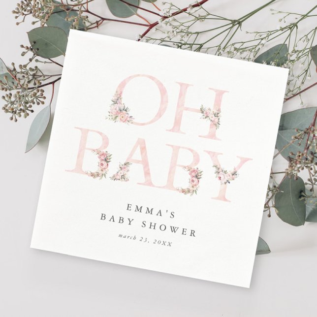 Oh Baby Floral Typografie Pink Baby Dusche Serviette (Elegant Pink Floral Typography Oh Baby Shower Napkins.)