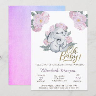 Oh Baby Florale Elefanten-Baby-Party Einladung