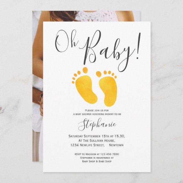 Oh Baby Foto Yellow Feet Baby Dusche Einladung (Vorne/Hinten)