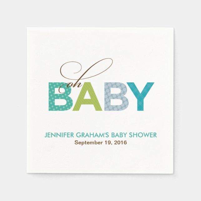Oh Baby Gemustert Baby Shower Napkin in Aqua Serviette (Vorderseite)