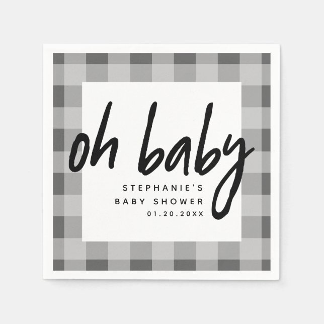 Oh Baby | Gingham Unisex Baby Shower Serviette (Vorderseite)