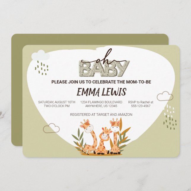 Oh Baby Giraffe, Einladung zur Kinderdusche (Vorne/Hinten)