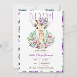 Oh Baby GIRAFFE mit violetten Blumen Moderne Dusch Einladung