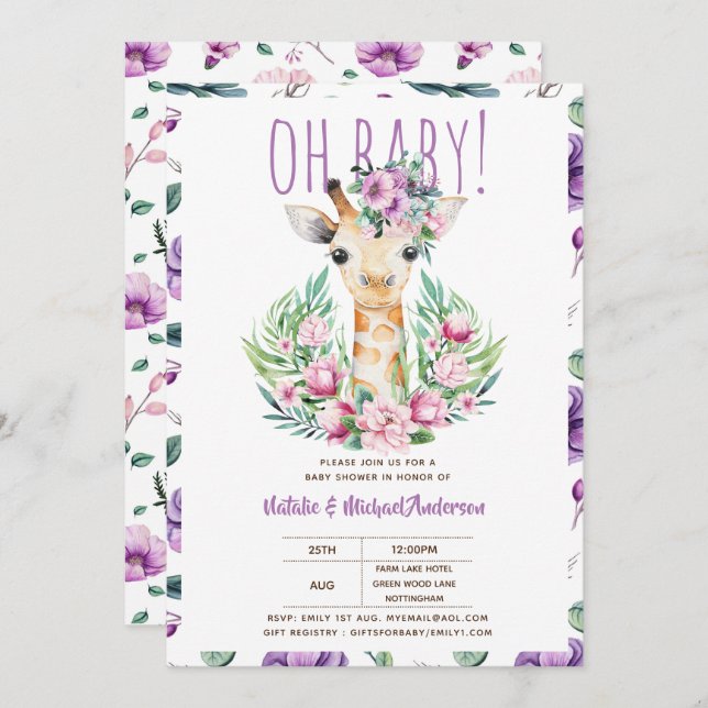 Oh Baby GIRAFFE mit violetten Blumen Moderne Dusch Einladung (Vorne/Hinten)