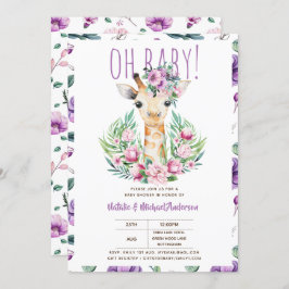 Oh Baby GIRAFFE mit violetten Blumen Moderne Dusch Einladung