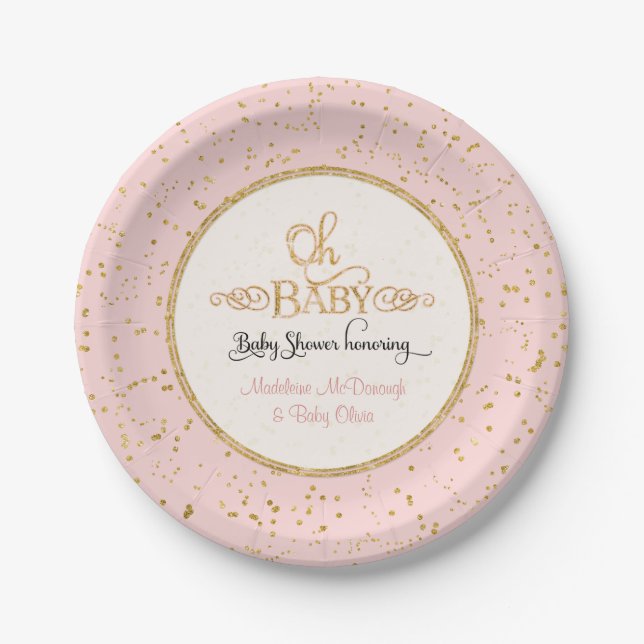 OH BABY Girl Baby Shower Gold Confetti Typografie Pappteller (Vorderseite)