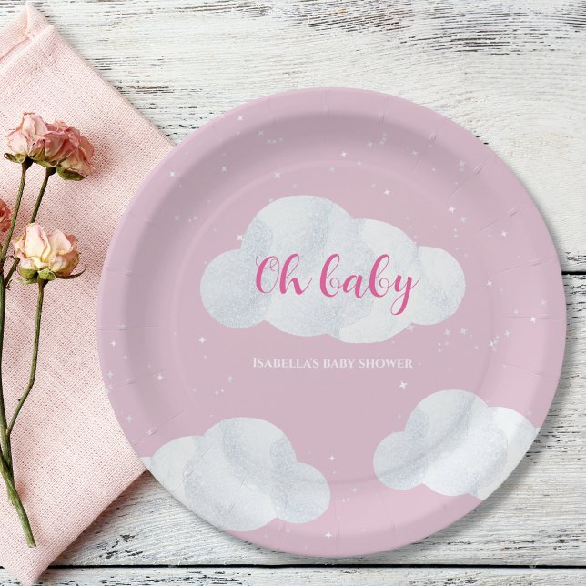 Oh Baby Girl Pink Clouds Sky Stars Baby Dusche Pappteller (oh baby clouds girl baby shower pink sky stars)