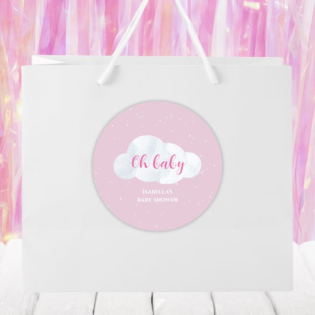 Oh Baby Girl Pink Clouds Sky Stars Baby Dusche Runder Aufkleber (oh baby clouds baby girl shower pink sky stars)